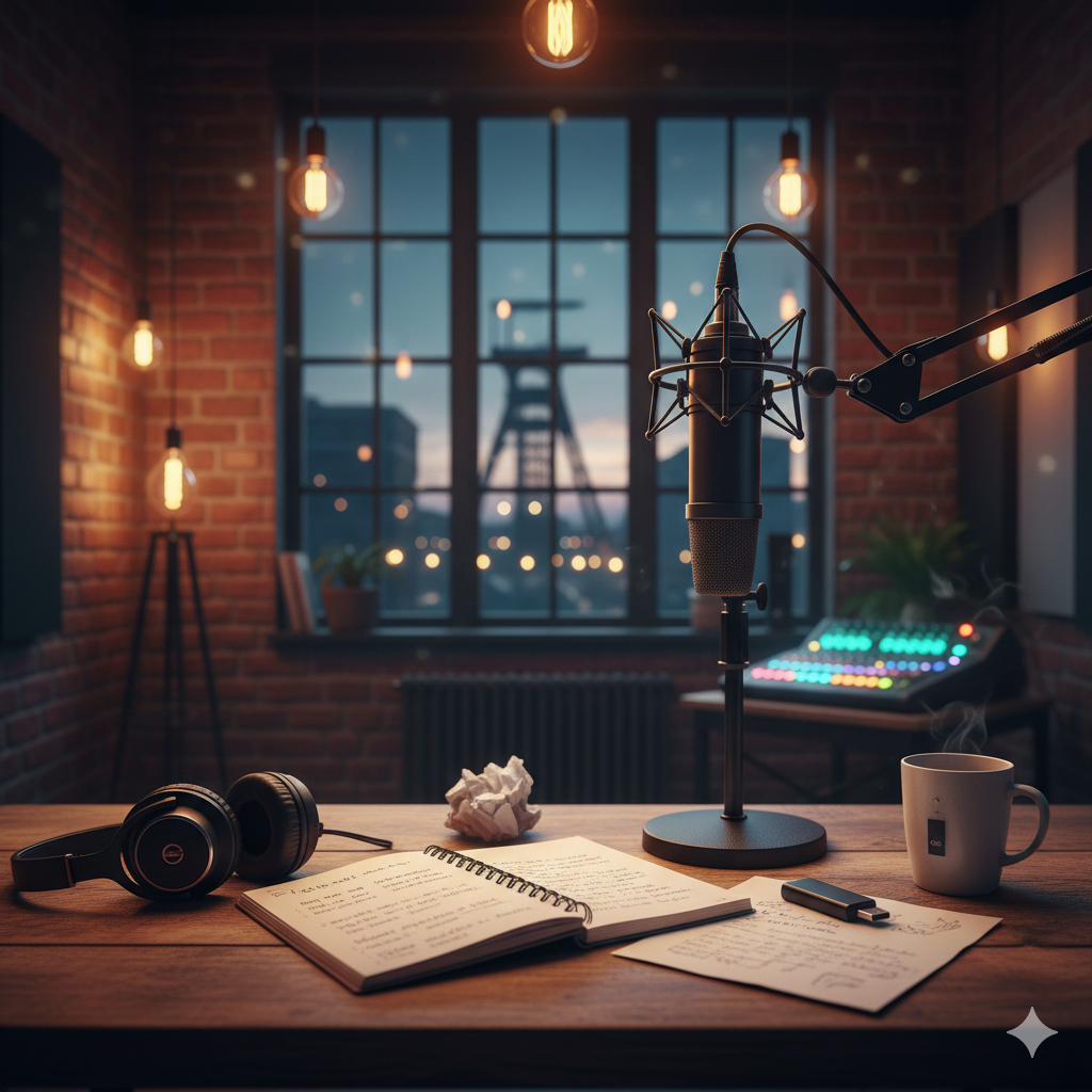 Ein einladender Arbeitsplatz für Kreative mit einem professionellen Mikrofon an einem Schwenkarm. Auf dem Tisch liegen ein aufgeschlagenes Notizbuch mit Skizzen, ein USB-Stick und Kopfhörer; im Hintergrund sorgt eine warme Beleuchtung und der Blick auf eine Industriekulisse für Atmosphäre.