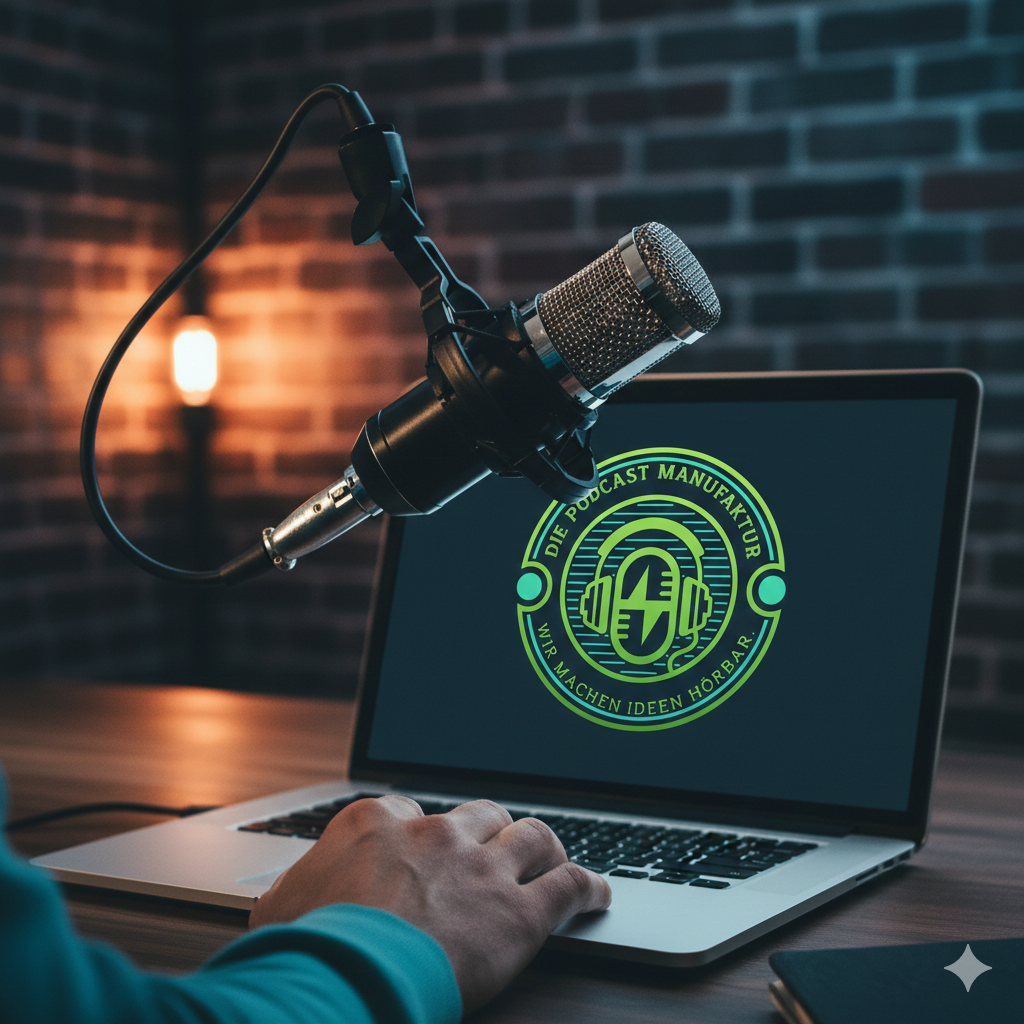 Podcast-Produktion am Laptop mit Mikrofon und Logo der Podcast-Manufaktur