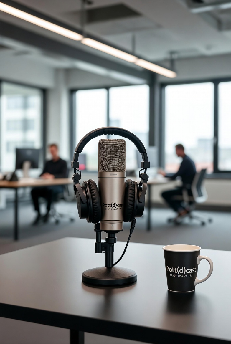 Podcast-Setup im Büro mit Mikrofon und Kopfhörern für Unternehmens- und Radioproduktionen