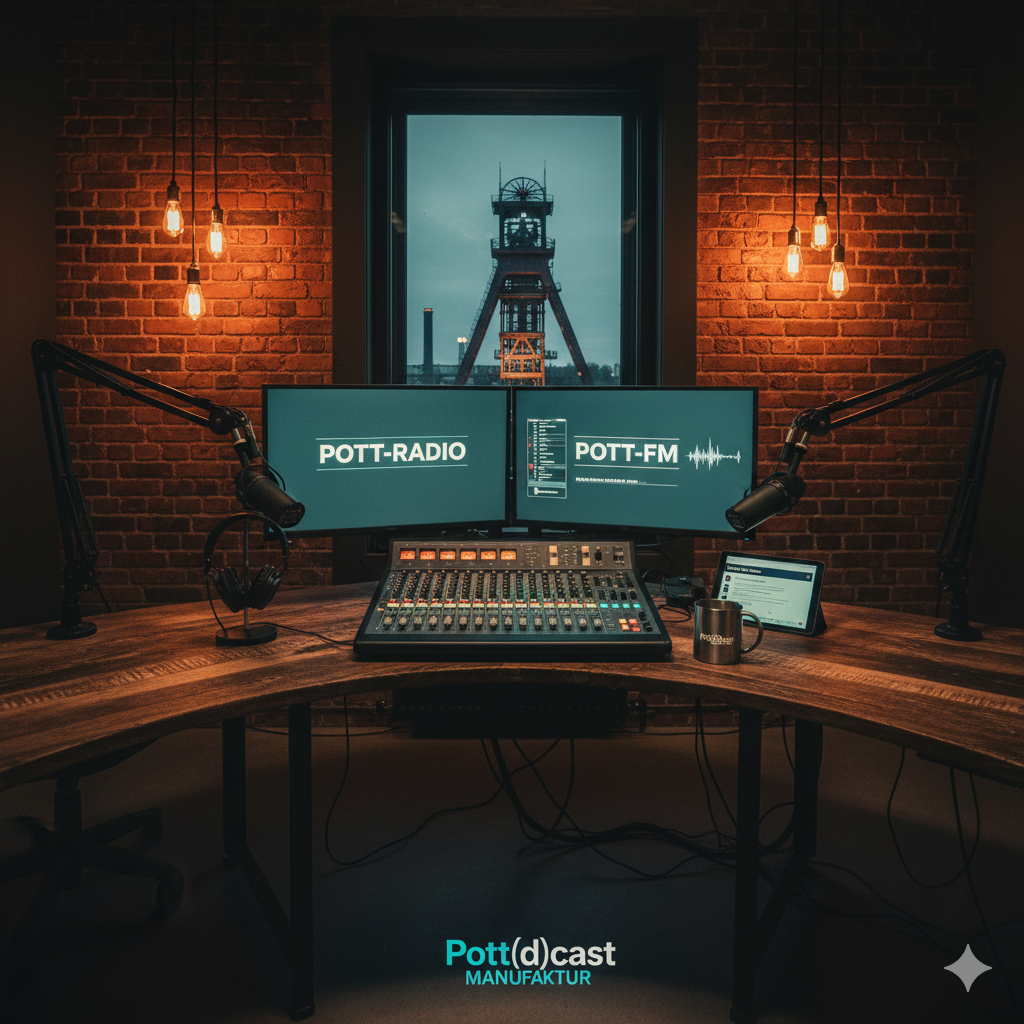 Technisches Podcast-Setup mit Mikrofon, Interface und Monitoring für professionelle Aufnahmen