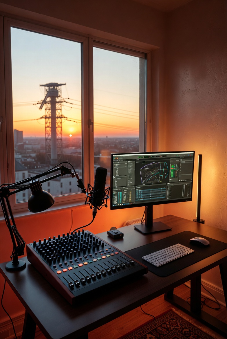 Home-Studio für Podcast-Aufnahmen mit Mikrofon, Mischpult und Aufnahme-Software