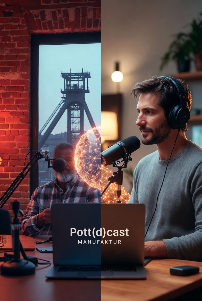 Remote-Interview für Podcast mit Mikrofon, Kopfhörern und digital zugeschaltetem Gesprächspartner