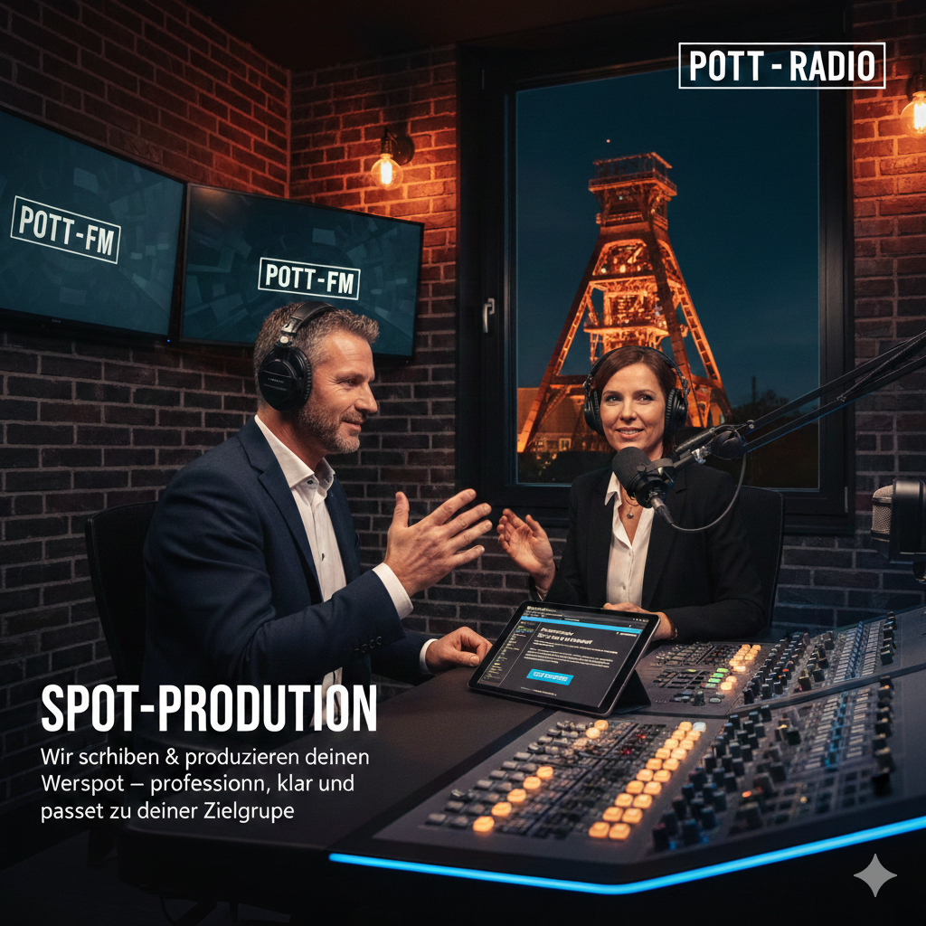 Ein modernes Podcast-Studio bei Nacht mit Blick durch ein Sprossenfenster auf einen beleuchteten Förderturm im Ruhrgebiet. Auf einem Holztisch stehen ein professionelles Mikrofon, Kopfhörer und ein Laptop, der die Webseite für einen Audio-Upload anzeigt.