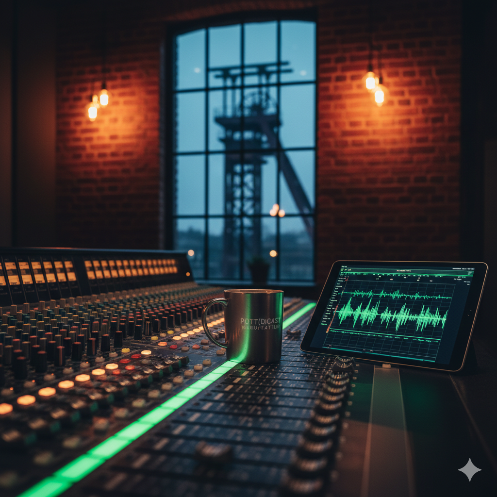 Detailansicht eines großen Tonmischpults in einem Studio mit industriellem Ziegel-Hintergrund. Auf dem Pult steht eine edle Metalltasse mit der Aufschrift ‚Pott(d)cast Manufaktur‘ neben einem Tablet, das eine grüne Audio-Wellenform zeigt.