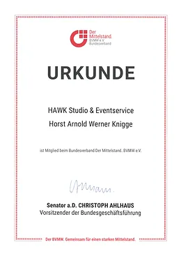 Urkunde des Bundesverbands Mittelstand für HAWK Studio & Eventservice